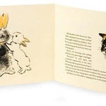 Open book with illustrations of a cat, rabbit, and owl on a beige background