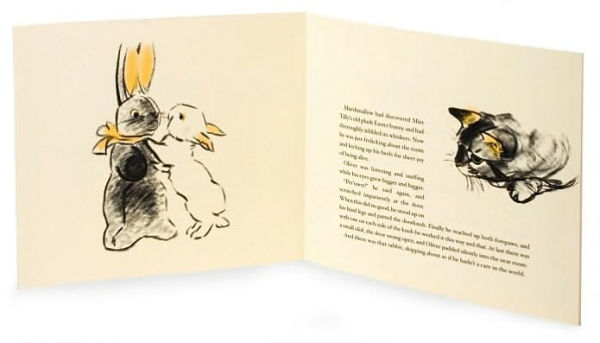 Open book with illustrations of a cat, rabbit, and owl on a beige background