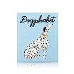 Book titled 'Dogphabet' with a Dalmatian illustration on a light blue background