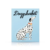 Book titled 'Dogphabet' with a Dalmatian illustration on a light blue background