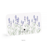 little notes with lavender design on a white background