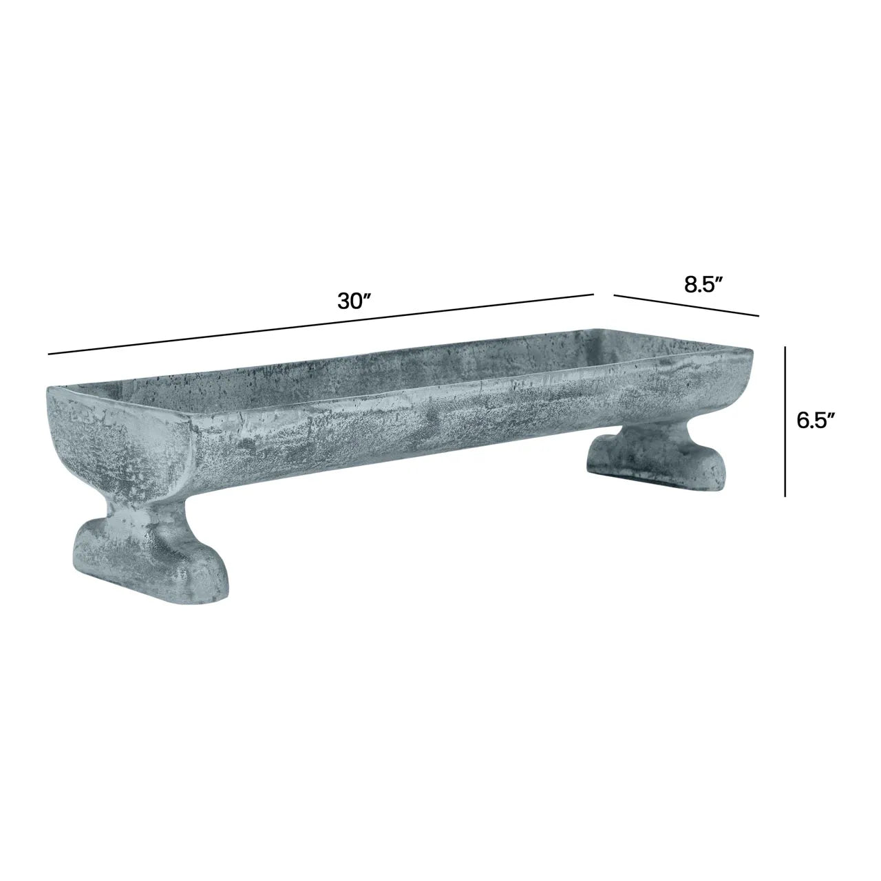 measurements shown of elongated jarlas footed tray on white background