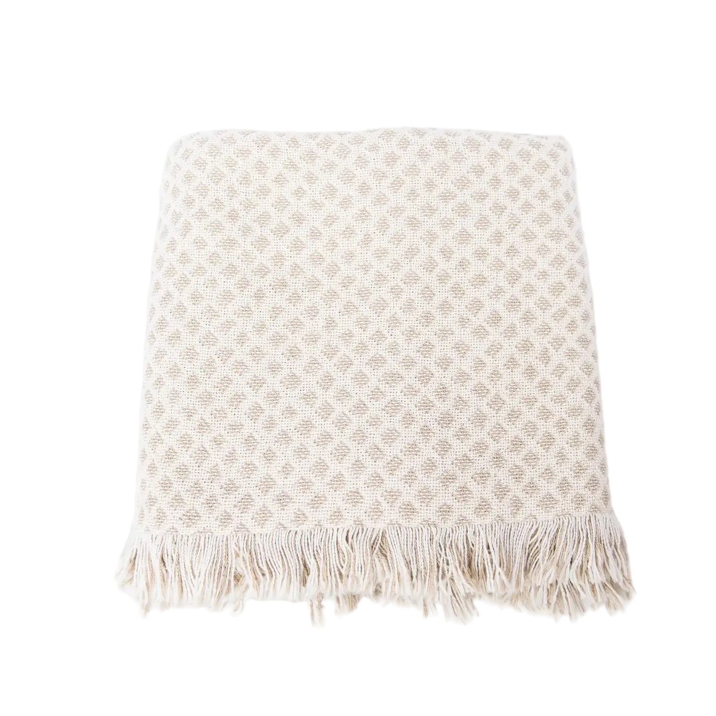 Beige woven blanket with fringe on a white background