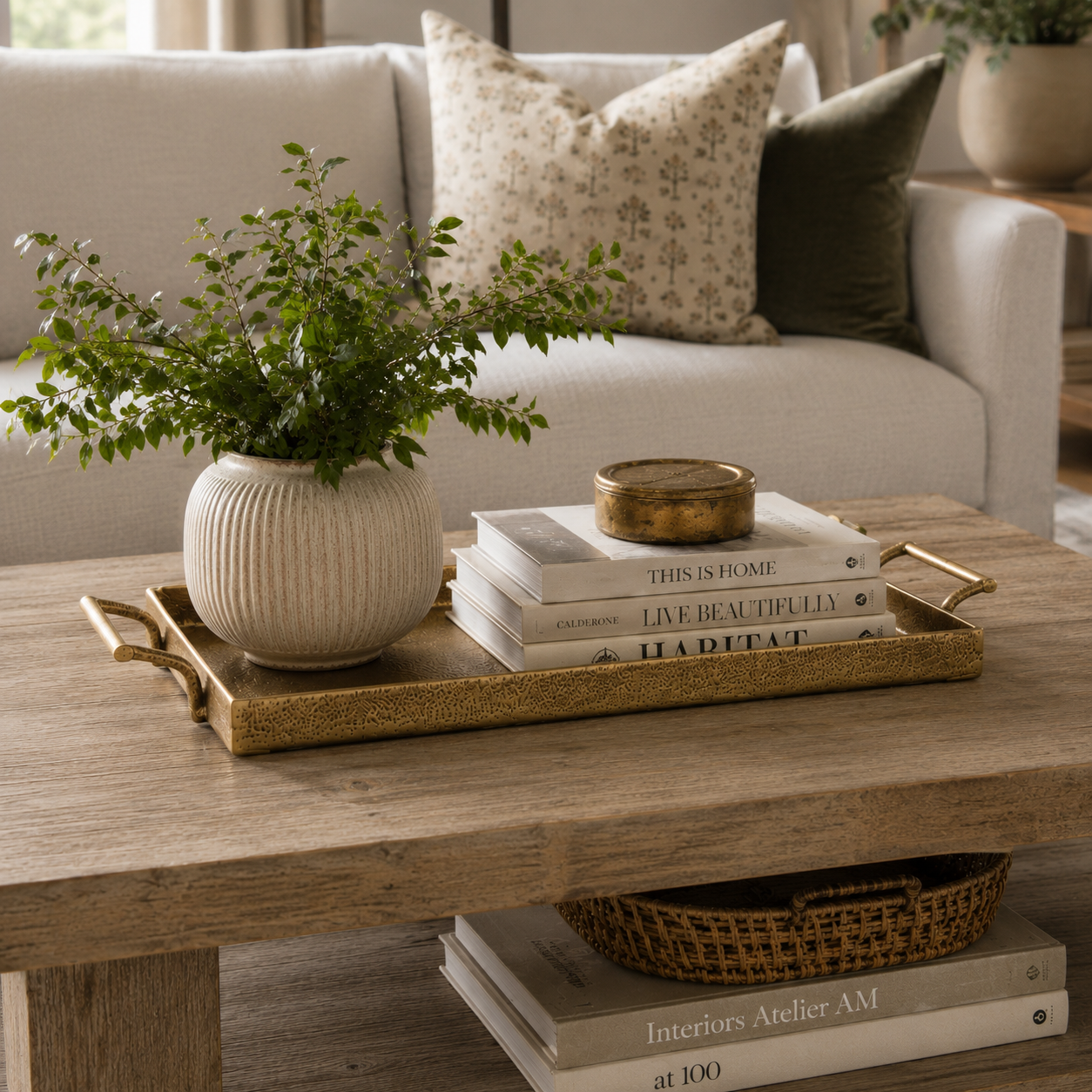 Decorative tray with a plant, books, and a bowl on a wooden coffee table in a living room.