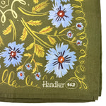 Floral patterned handkerchief with 'Handker 143' branding on a green background