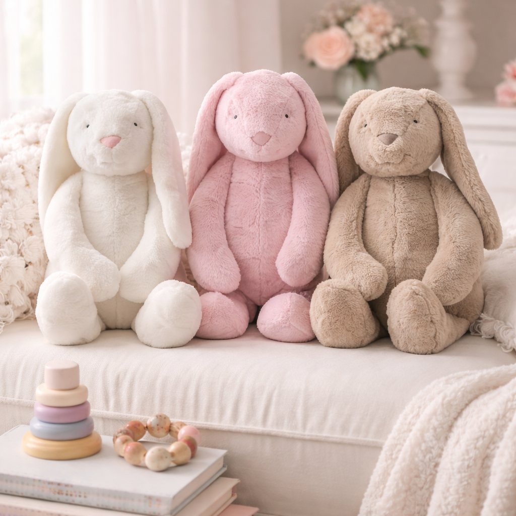 Three plush bunny toys in white, pink, and beige sitting on a surface with soft focus background.