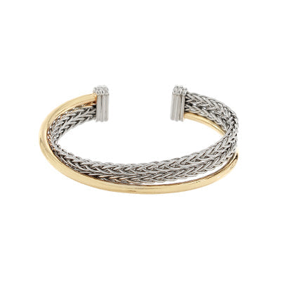 Braided bracelet with gold and silver accents on a white background