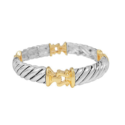 Two-tone silver and gold bracelet on a white background