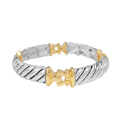 Two-tone silver and gold bracelet on a white background