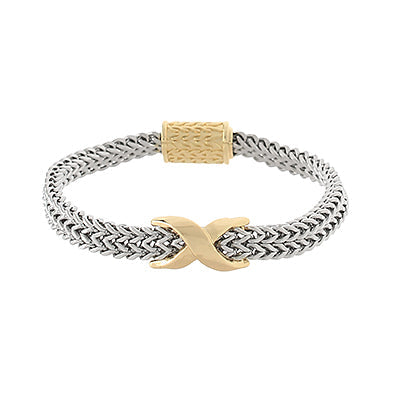 Bracelet with gold 'X' charm and two-tone design on a white background