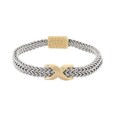 Bracelet with gold 'X' charm and two-tone design on a white background