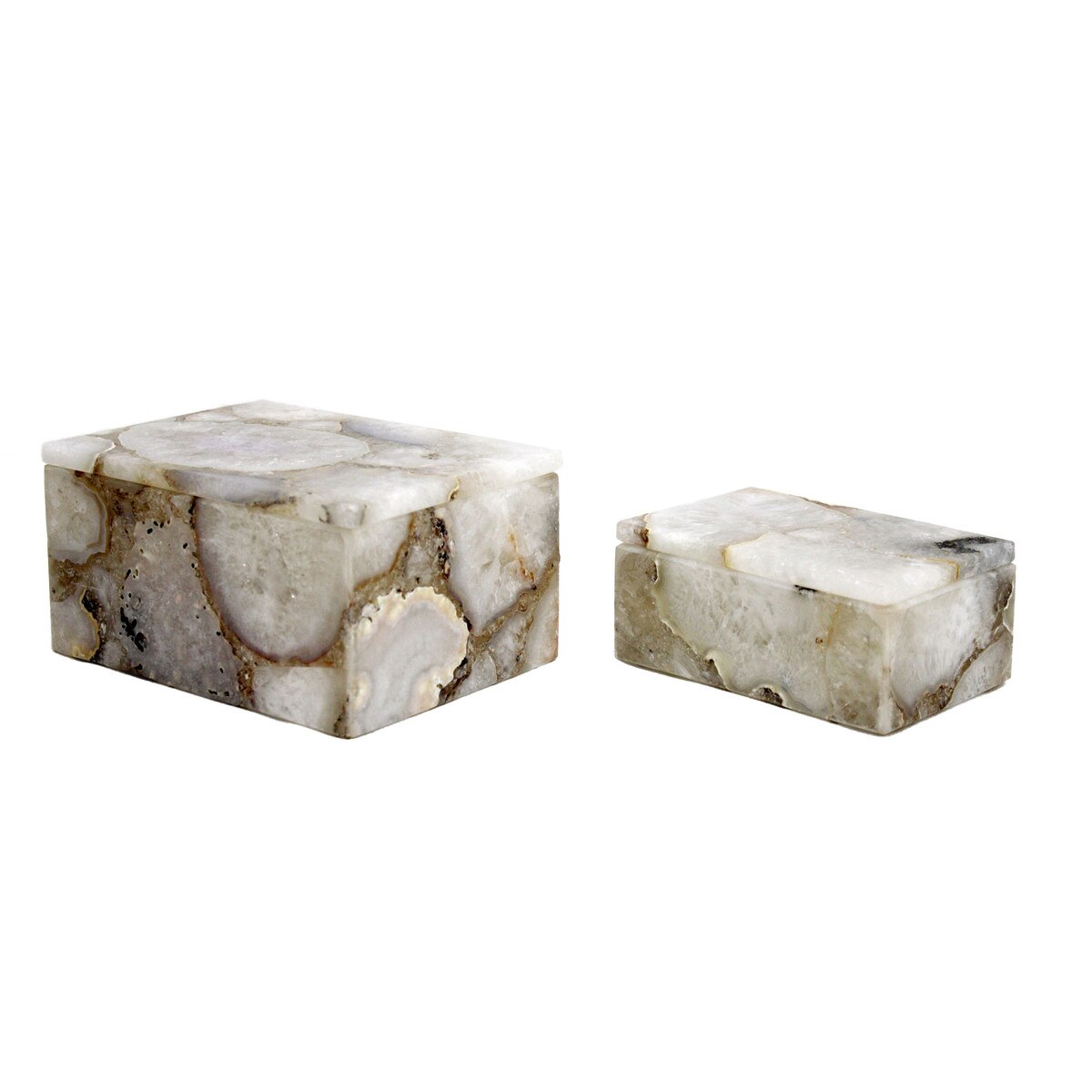 Two marble cube-shaped objects on a white background