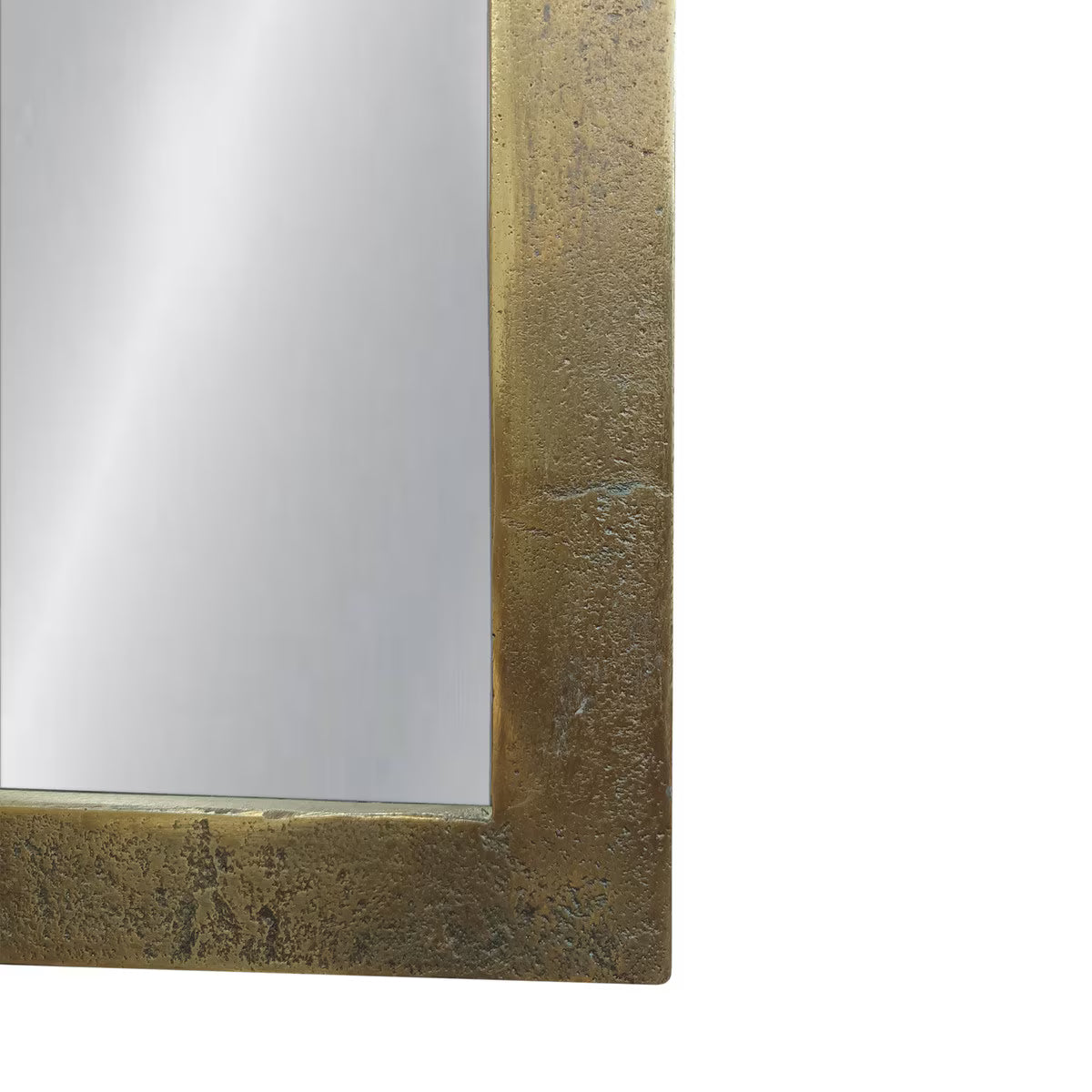 Close-up of a rectangular mirror with a textured gold frame on a white background