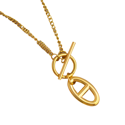 Gold-tone stainless steel necklace with a stylish toggle clasp and a sleek oval pendant