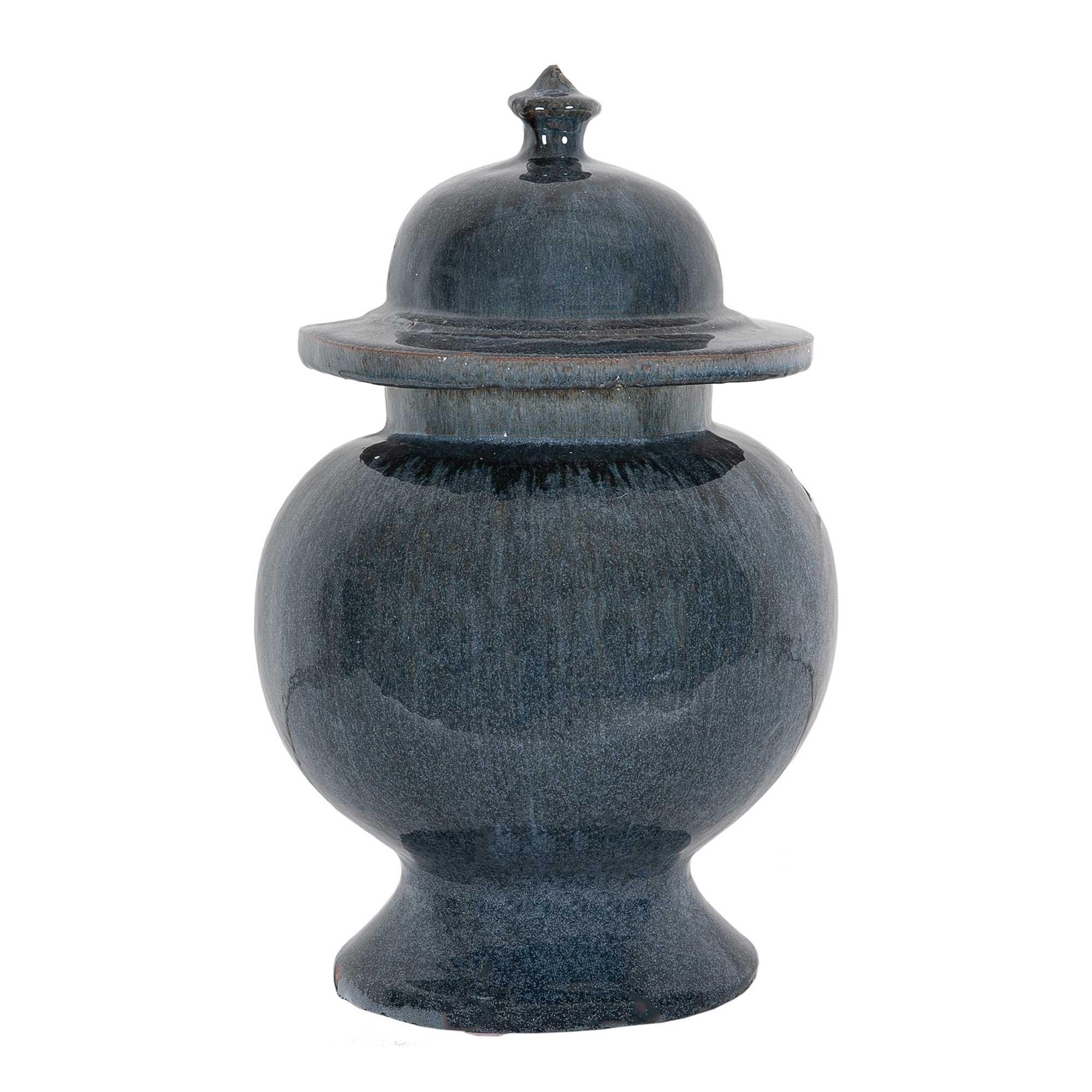 dark gray ceramic urn with a lid on a white background