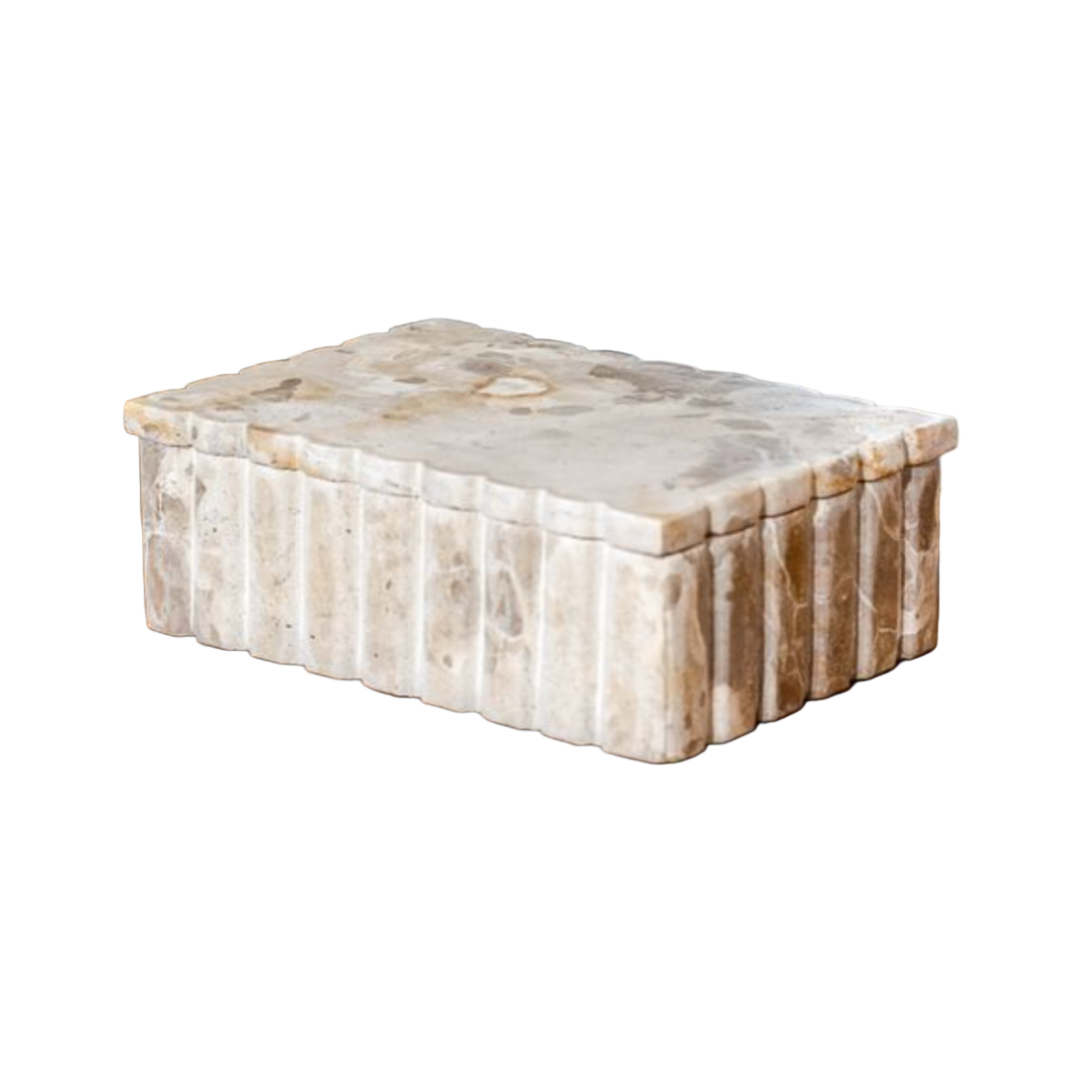 Closed rectangular marble box with scalloped lid and ribbed sides, crafted from warm-toned leopard marble on white background