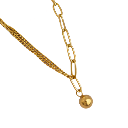 Gold-tone stainless steel necklace featuring a combination of curb and elongated chain links with a sleek spherical pendant,