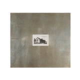 framed black-and-white architectural building print with wide champagne silver leaf frames and light brown glaze