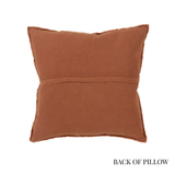A square brown throw pillow shown from the back, featuring a stitched horizontal seam across the center. The text 'BACK OF PILLOW' is printed in black at the bottom right, set against a plain white background.