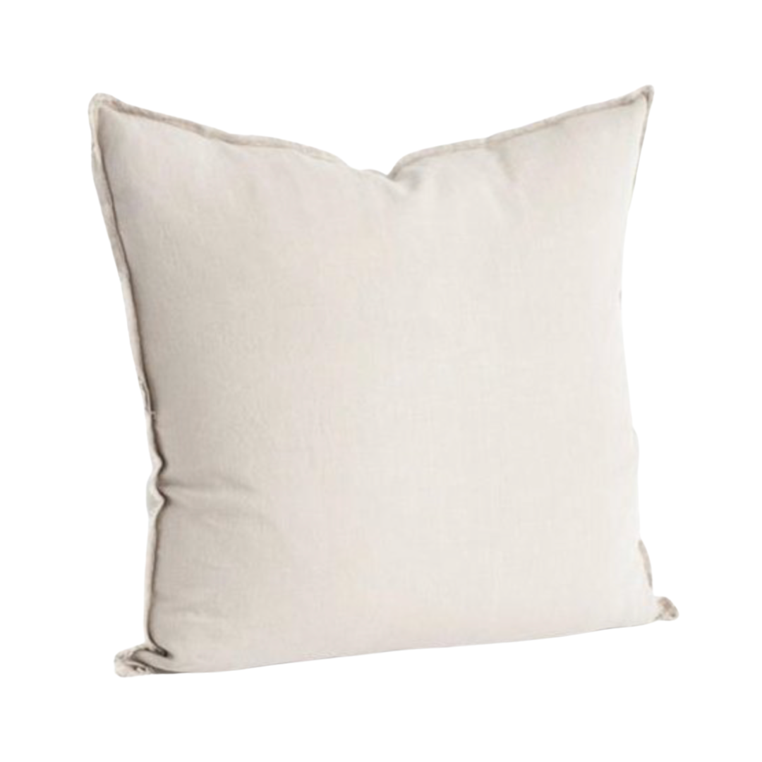 A square throw pillow in a light beige linen fabric, shown against a plain white background.