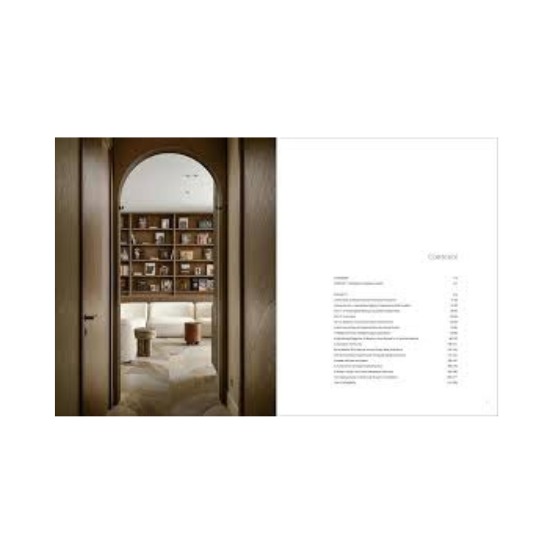 view of contents page from hardcover book "Ariana Ahmad Design" on white background