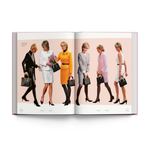 an open book view showing princess diana carrying a black purse with multiple outfits from the hardcover book "bags the classic collection" on a white background