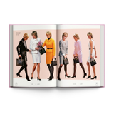 an open book view showing princess diana carrying a black purse with multiple outfits from the hardcover book "bags the classic collection" on a white background