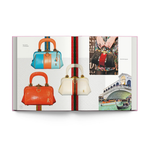 an open book view multiple variants of the same purse from the hardcover book "bags the classic collection" on a white background