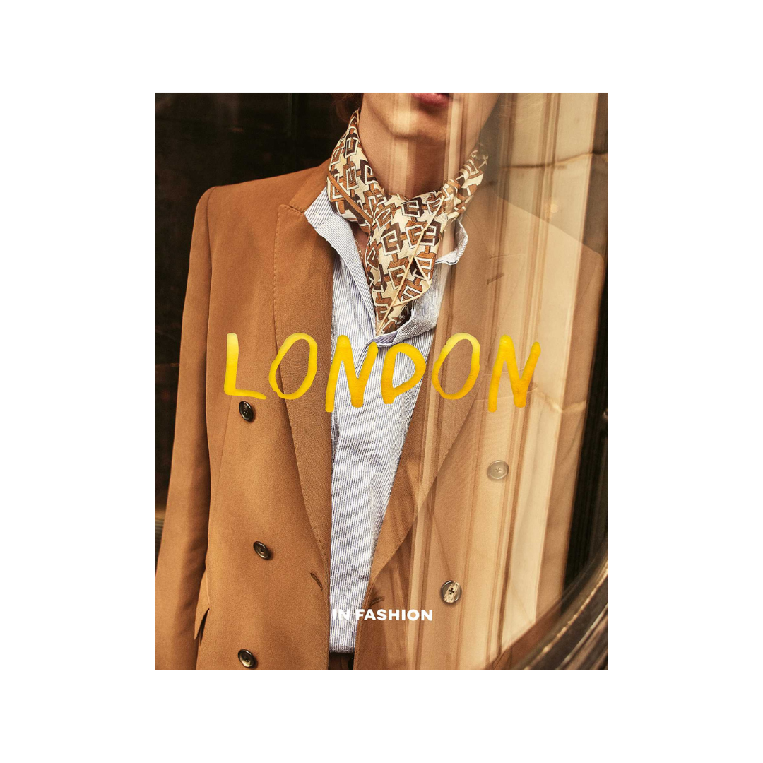 image of woman wearing a tan blazer on the front of the hardcover book "London. In Fashion" on a white background