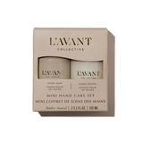 L'avant Collective Mini Hand Care Set in Ambre Santal, featuring a beige box containing a hand soap and a hand lotion bottle, shown on a white background.