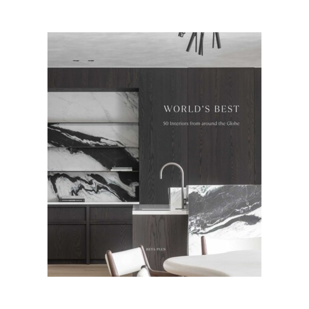hardcover book "world's best: 50 interiors from around the globe" on a white background