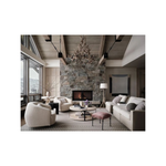 A luxury modern living room featuring a large stone fireplace, a high wood-beamed ceiling, a dark metal chandelier, a textured wool armchair, a cream sofa, and a pink upholstered ottoman from hardcover book "world's best: 50 interiors from around the globe" on a white background