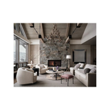 A luxury modern living room featuring a large stone fireplace, a high wood-beamed ceiling, a dark metal chandelier, a textured wool armchair, a cream sofa, and a pink upholstered ottoman from hardcover book "world's best: 50 interiors from around the globe" on a white background