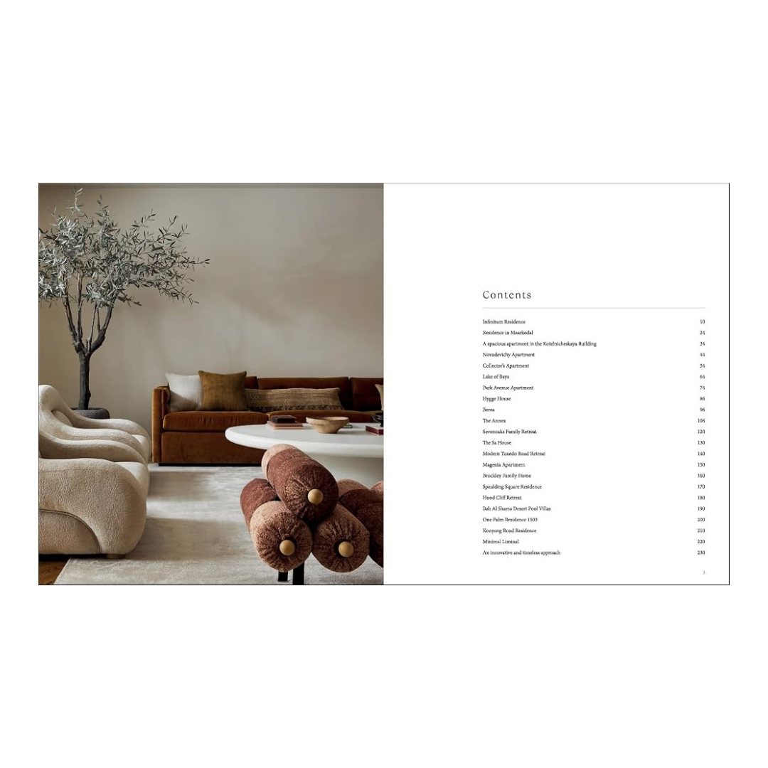 An open book showing a styled interior scene on the left and a contents page on the right, from hardcover book "WORLD'S BEST III"  on a white background