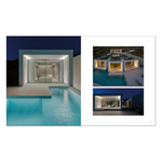 An open book image showing architectural photography of a modern house with a swimming pool at night. The left panel features a large front view of the illuminated structure beside a turquoise pool, and the right panel contains two smaller inset photos showing different angles of the building from the hardcover book "contemporary living yearkbook 2026" on a white background