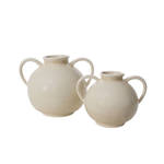 Two cream-colored ceramic vases with loop handles, one larger and one smaller, shown on a plain white background.
