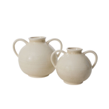 Two cream-colored ceramic vases with loop handles, one larger and one smaller, shown on a plain white background.