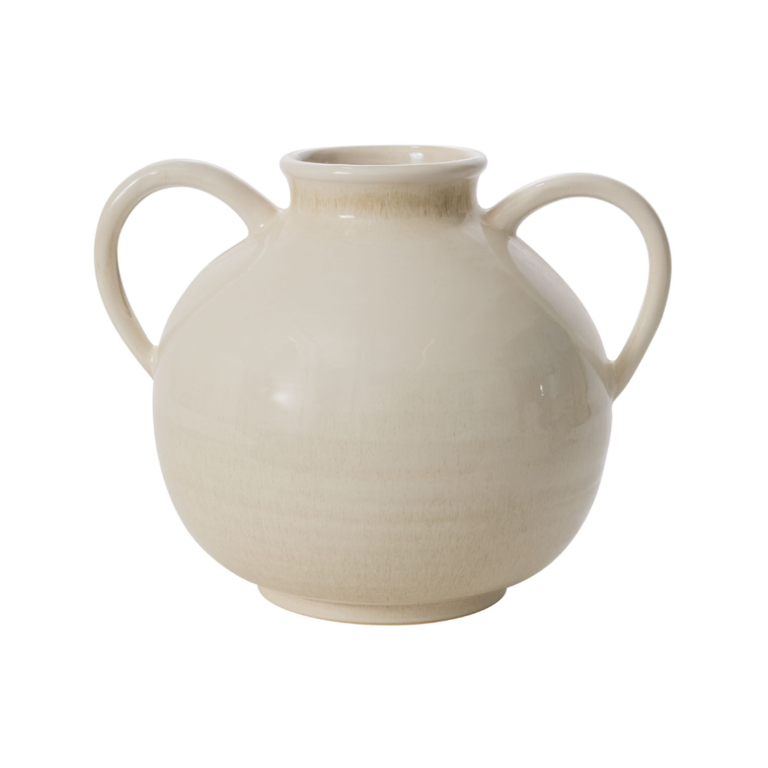 A ceramic vase with a rounded body, a narrow neck, and two loop handles, finished in a warm cream or off-white glaze with subtle horizontal texture.