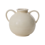 A ceramic vase with a rounded body, a narrow neck, and two loop handles, finished in a warm cream or off-white glaze with subtle horizontal texture.