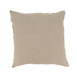 A square throw pillow in a light beige linen fabric with a frayed, raw-edge finish, shown against a plain white background.