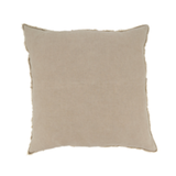 A square throw pillow in a light beige linen fabric with a frayed, raw-edge finish, shown against a plain white background.