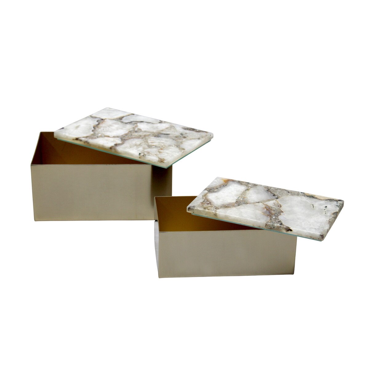 Two decorative boxes with marble lids on a white background