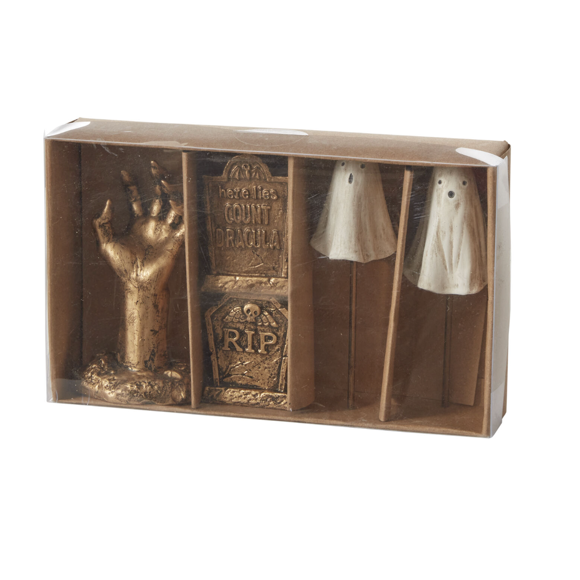 Halloween Bone Yard Terrarium Figurines:2 ghost, 2 gravestones, one gold hand