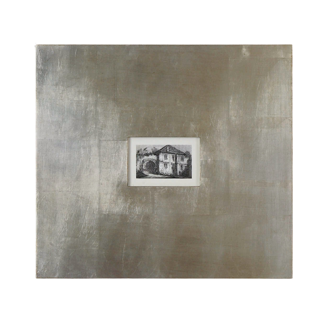 framed black-and-white architectural building print with wide champagne silver leaf frames and light brown glaze