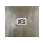 framed black-and-white architectural building print with wide champagne silver leaf frames and light brown glaze