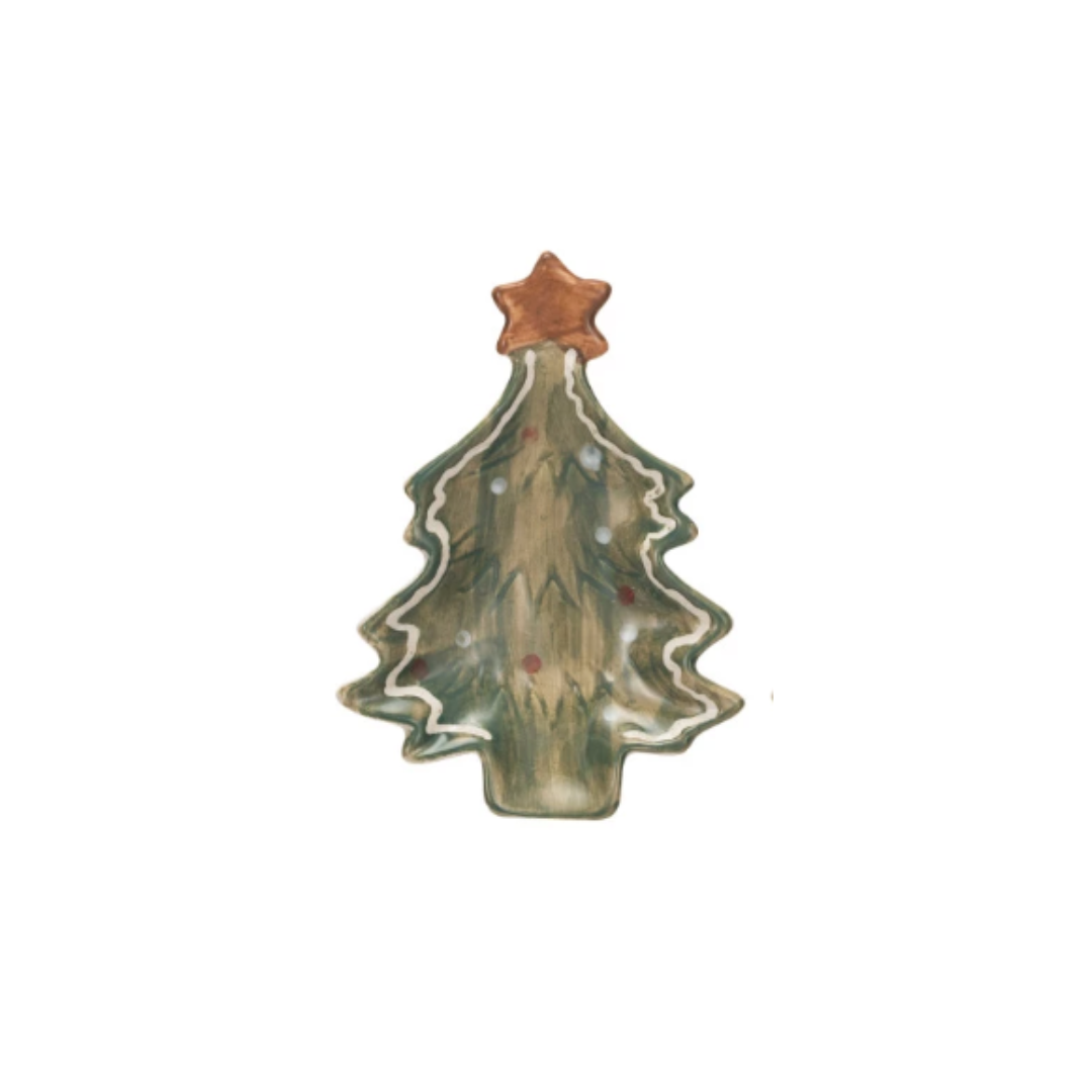 Hand-Painted Stoneware Christmas Tree Dish w/ Star, white background, style A