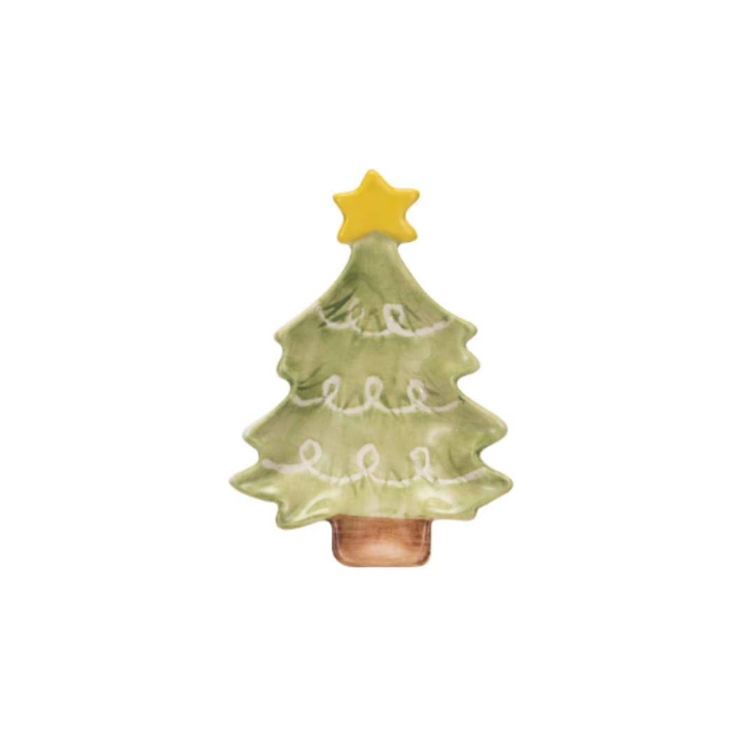 Hand-Painted Stoneware Christmas Tree Dish w/ Star, white background, style B