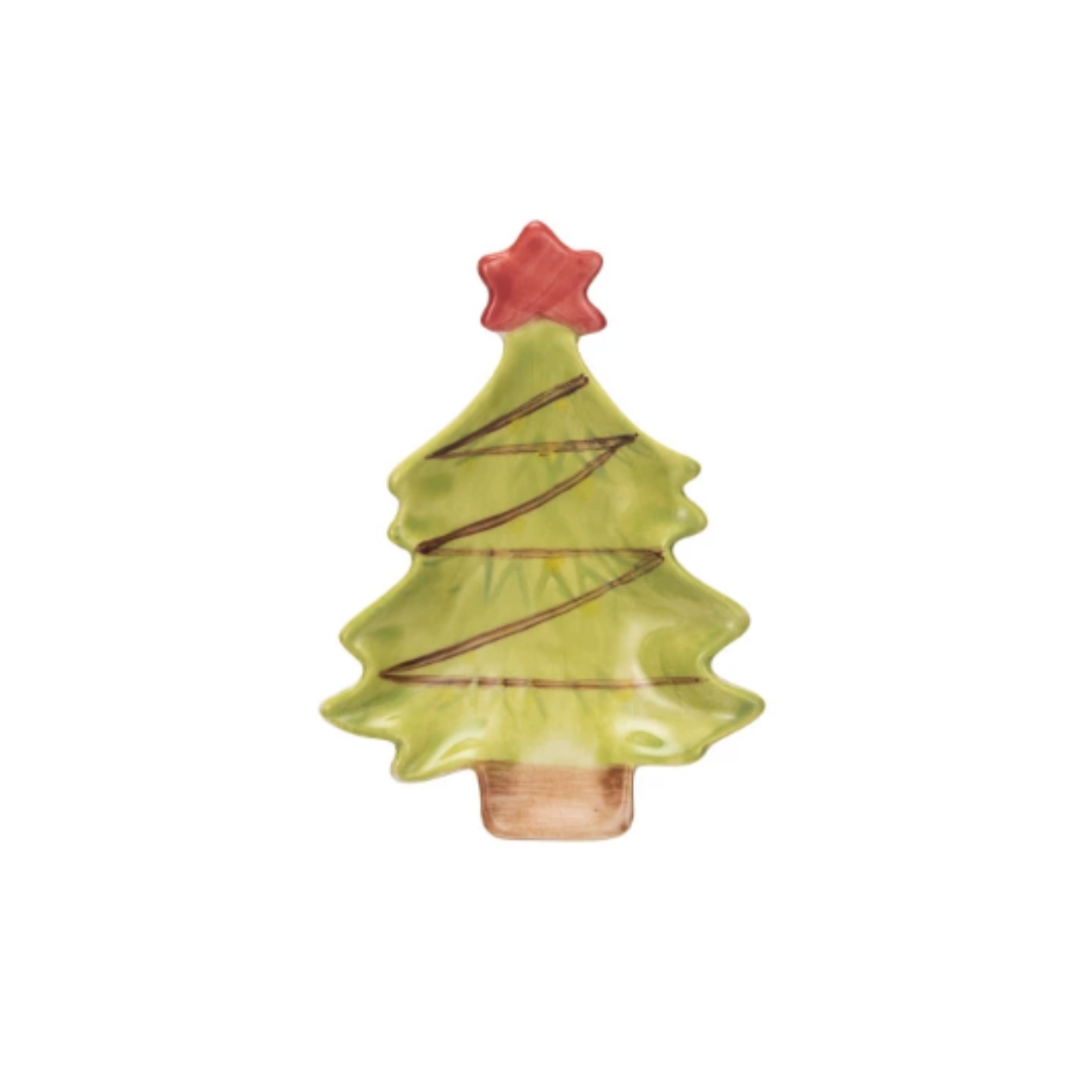 Hand-Painted Stoneware Christmas Tree Dish w/ Star, white background, style C