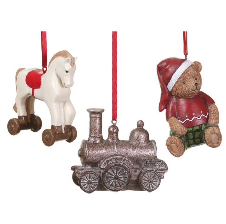 3.2"-3.7" Locomotive/Teddy Bear/Rocking Horse Ornament (3 ea/set) Mixed