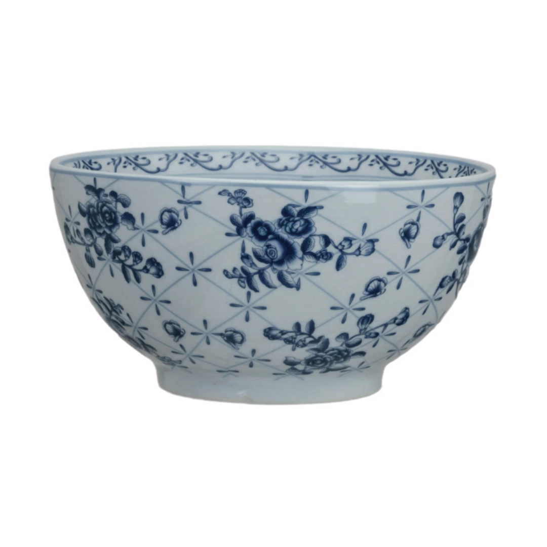 Hand-Stamped Stoneware Bowl w/ Botanicals, Crackle Glaze, Blue & White